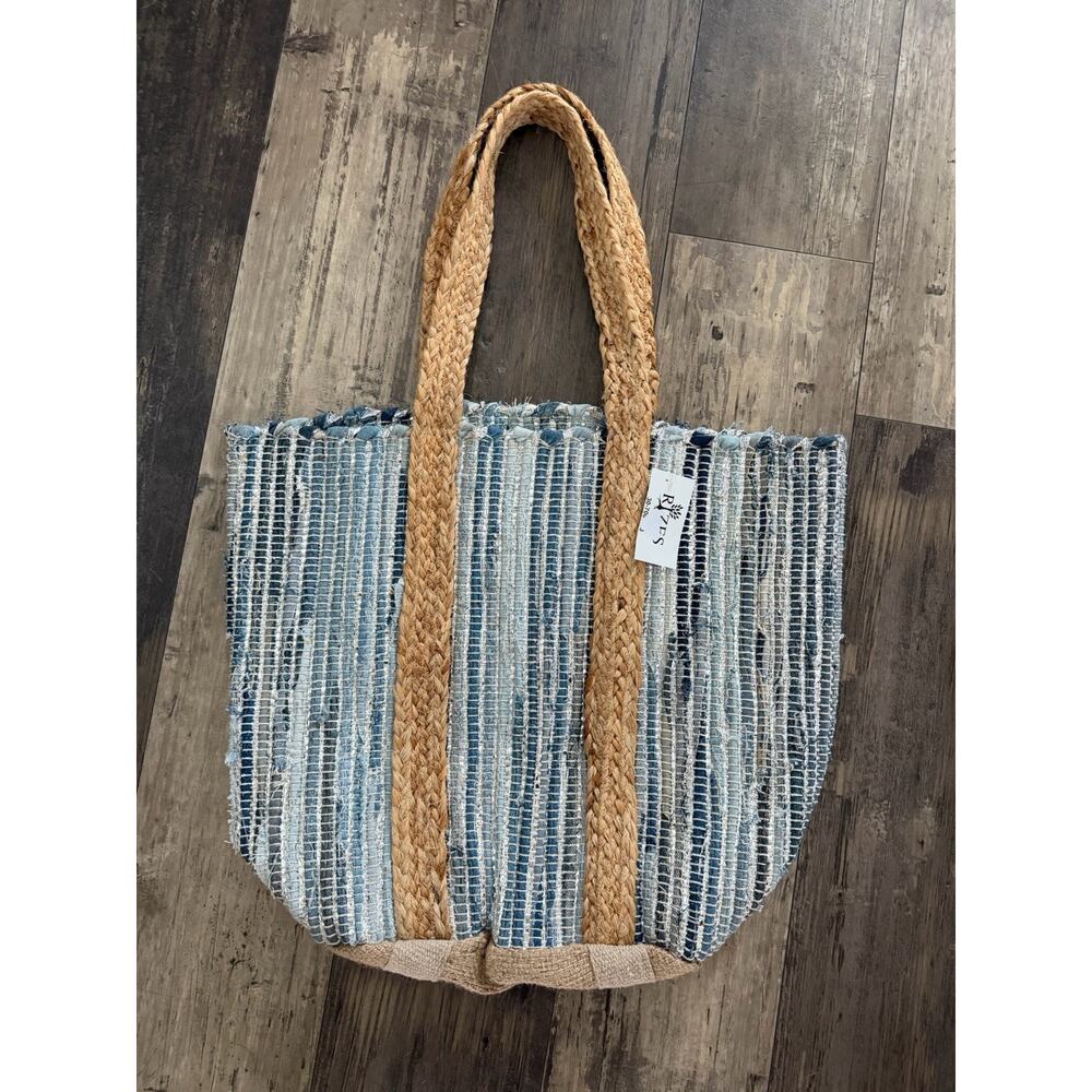 Rizes Crete Woven Beach Tote Bag Blue White Straw Handle Coastal Boho Market Bag